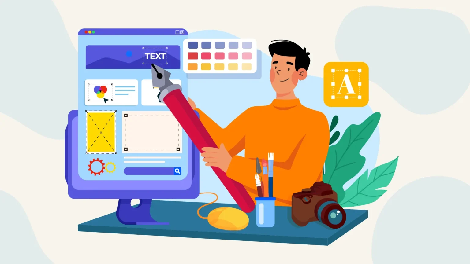 Ilustração de personagem desenhando um slide no computador, representando boas práticas de design para apresentações poderosas.