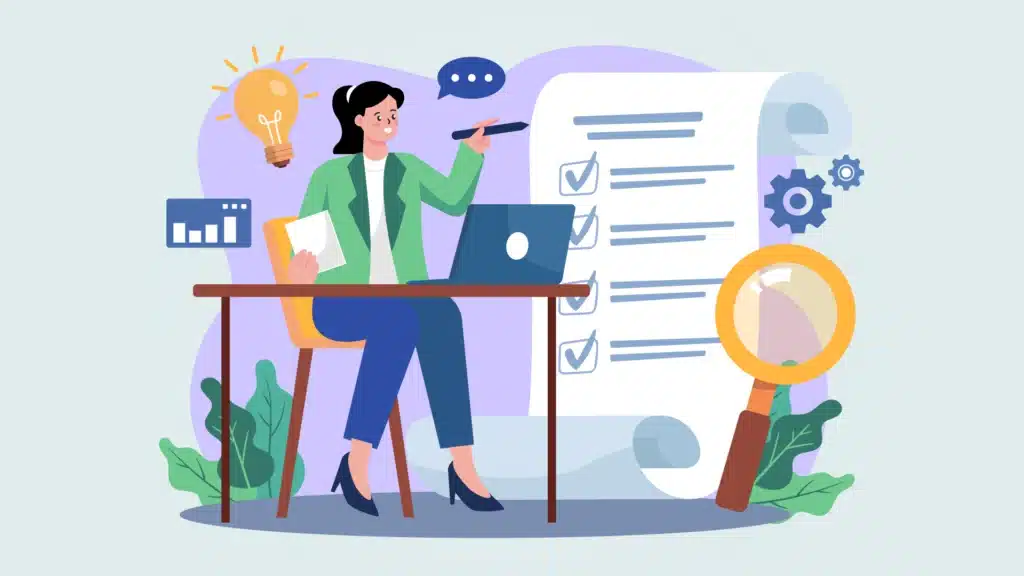 Ilustração de profissional planejando um treinamento corporativo, com notebook, checklist e ícone de ideia, representando o planejamento eficaz de treinamentos.