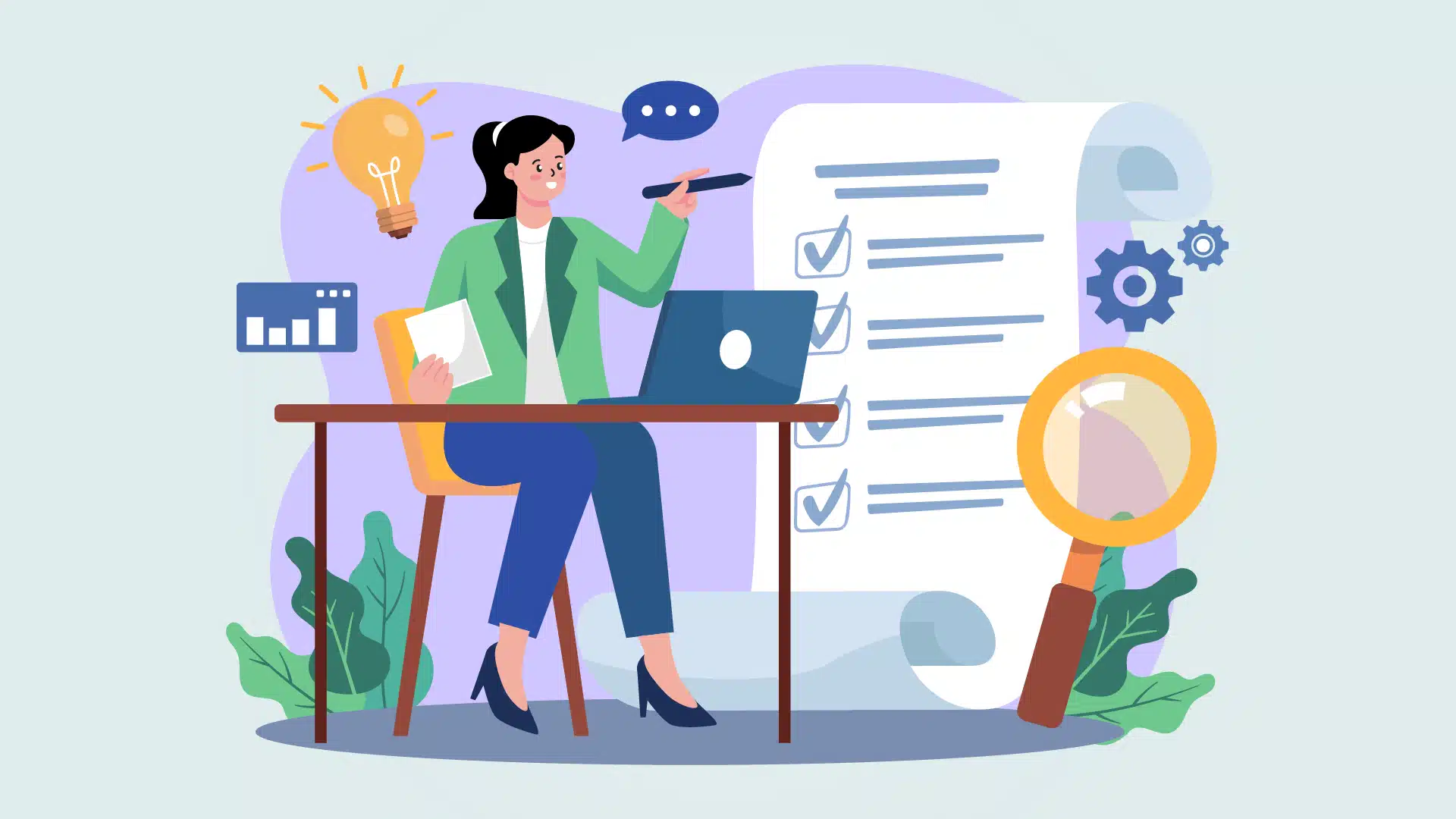 Ilustração de profissional planejando um treinamento corporativo, com notebook, checklist e ícone de ideia, representando o planejamento eficaz de treinamentos.