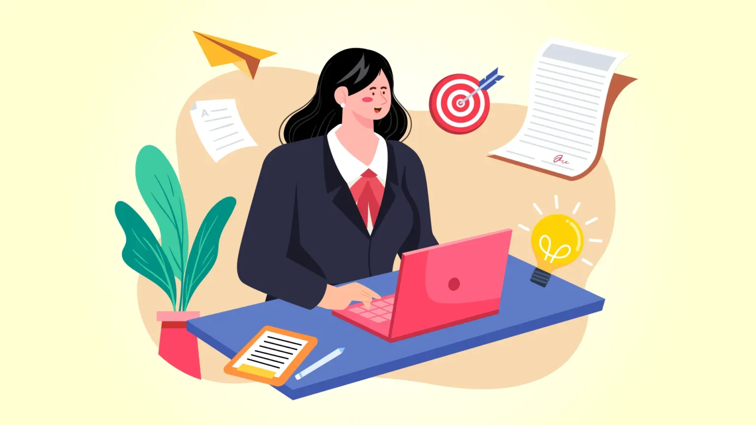 Ilustração de uma profissional digitando em um notebook, cercada por ícones de ideias e planejamento, representando a criação de um roteiro de apresentação.