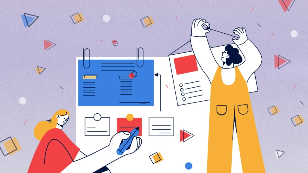 Ilustração de duas pessoas montando um painel com cartões e fluxos, representando o planejamento e a estrutura de uma apresentação estratégica.