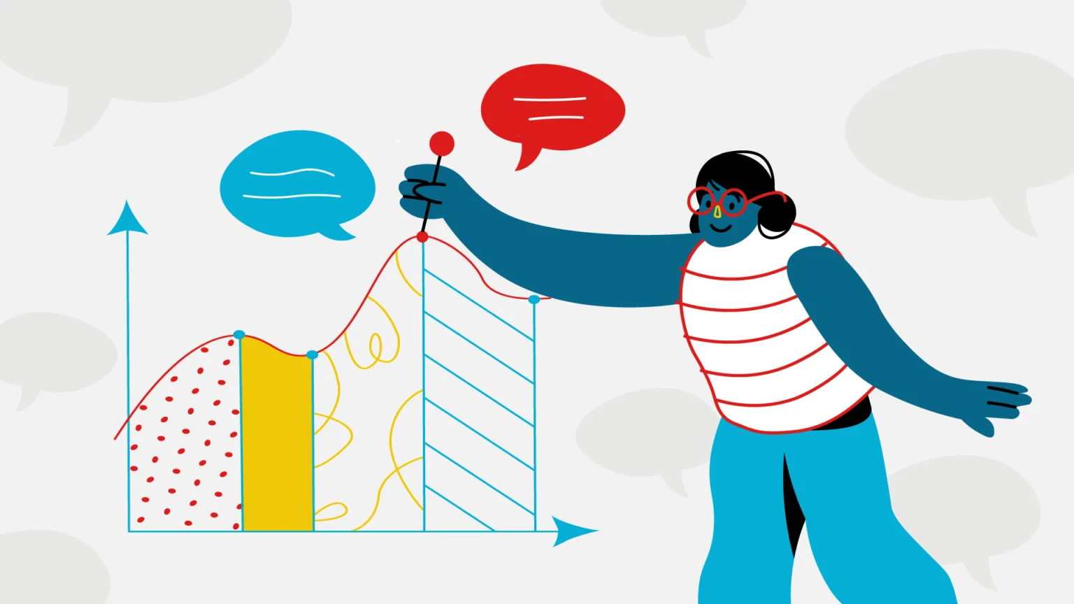 Ilustração de personagem construindo um gráfico de forma criativa, representando o uso de storytelling com dados em apresentações corporativas.