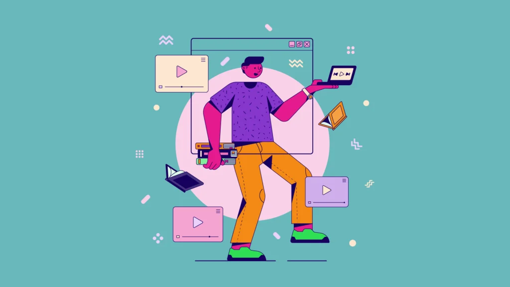 Ilustração de personagem cercado por livros, vídeos e dispositivos digitais, representando a aprendizagem multimodal e seus benefícios.
