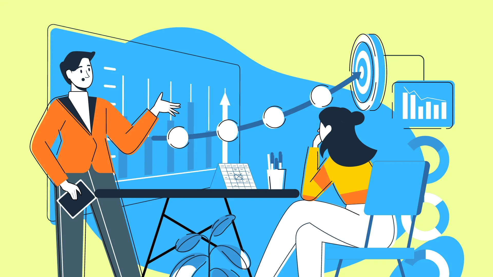 Ilustração de reunião corporativa: homem apresenta gráficos de desempenho em uma tela grande para uma colega sentada, com linha de progresso apontando para um alvo e painel com gráfico ao lado.