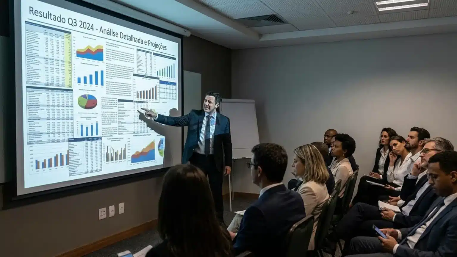 Executivo apresenta uma tela repleta de gráficos e tabelas de resultados financeiros para um grupo de profissionais em uma sala de reunião.