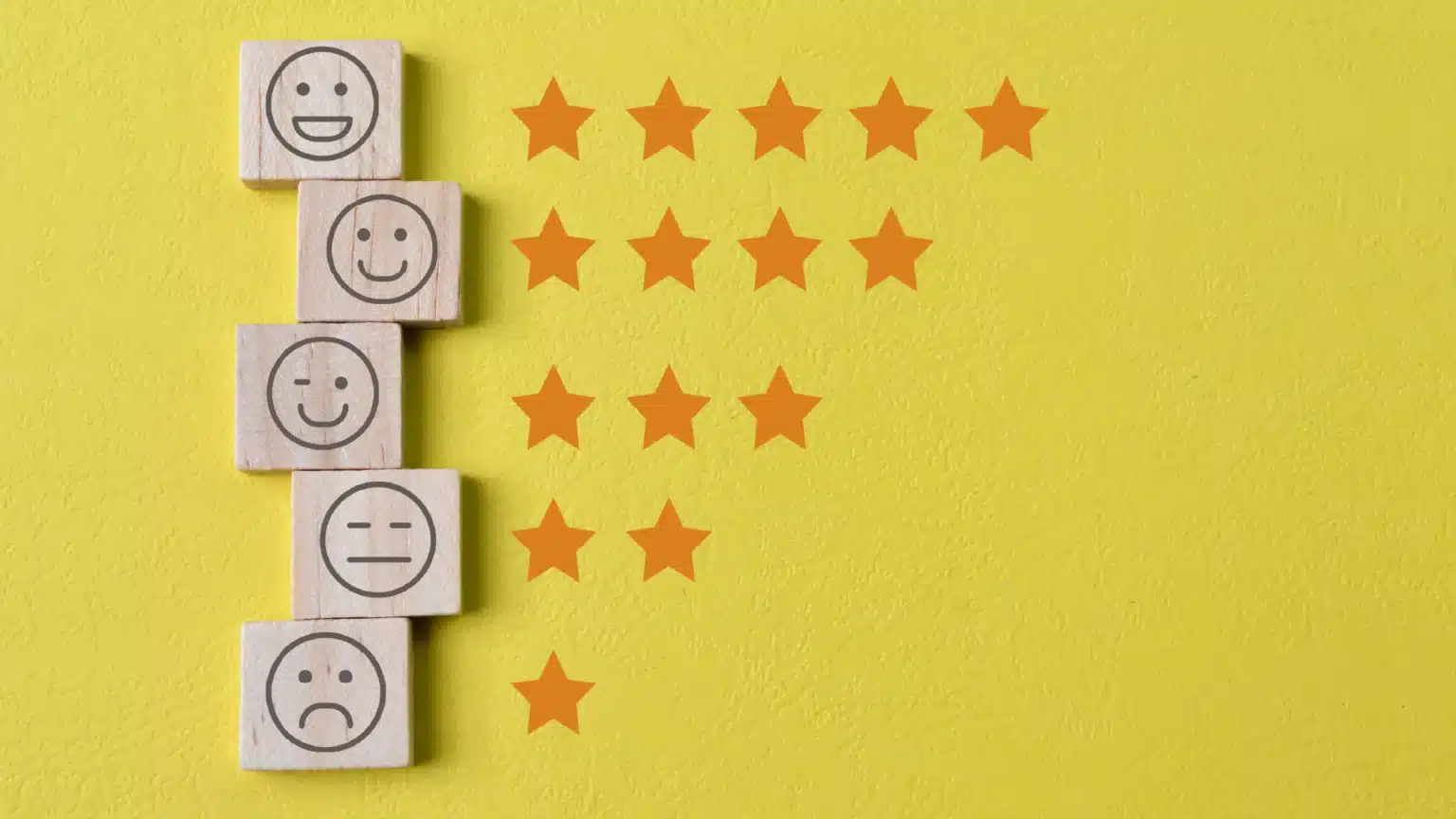 Blocos de madeira com emojis de diferentes expressões e estrelas de 1 a 5, representando a avaliação da eficácia de um treinamento corporativo.