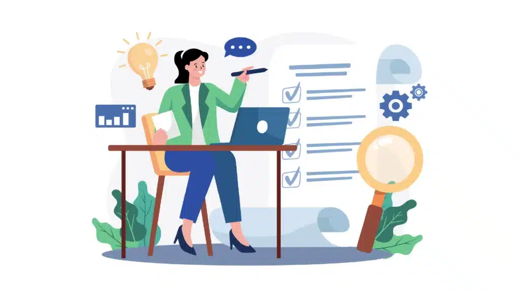 Ilustração de profissional planejando um treinamento corporativo, com notebook, checklist e ícone de ideia, representando o planejamento eficaz de treinamentos.