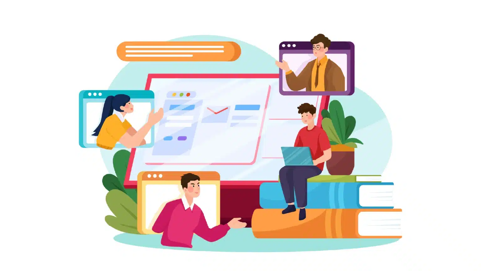 Ilustração de pessoas conectadas em um ambiente virtual de aprendizado, representando o e-learning como o futuro dos treinamentos corporativos.