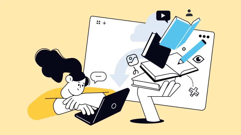 Ilustração de pessoa estudando no computador, representando o uso de e-learning em treinamentos
