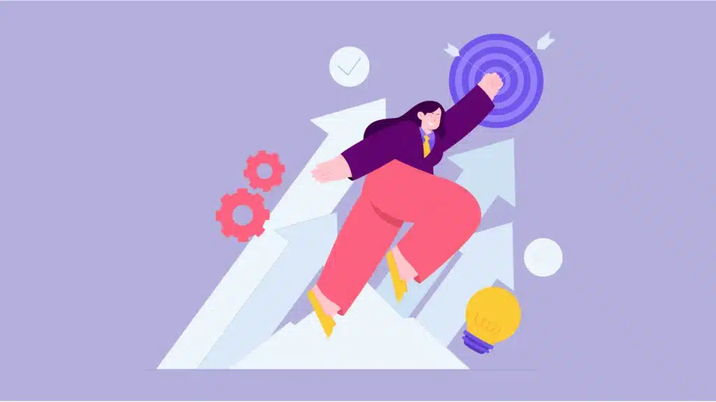 Ilustração de profissional avançando em direção a um alvo, cercada por ícones de aprendizado e crescimento, simbolizando uma cultura de aprendizagem contínua.