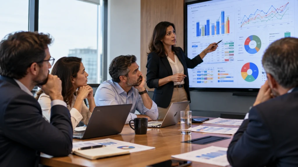 Profissional apresenta gráficos e indicadores em uma tela enquanto executivos acompanham os resultados durante uma reunião.