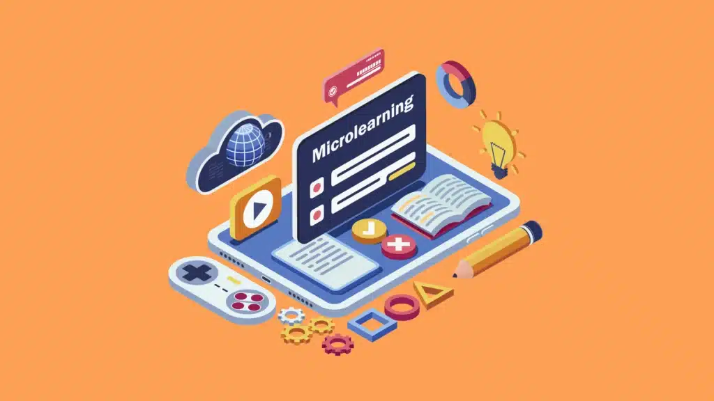 Ilustração isométrica com tablet exibindo o termo ‘Microlearning’, cercado por ícones de vídeo, livro e lâmpada, representando o treinamento de equipes com pílulas curtas de conteúdo.