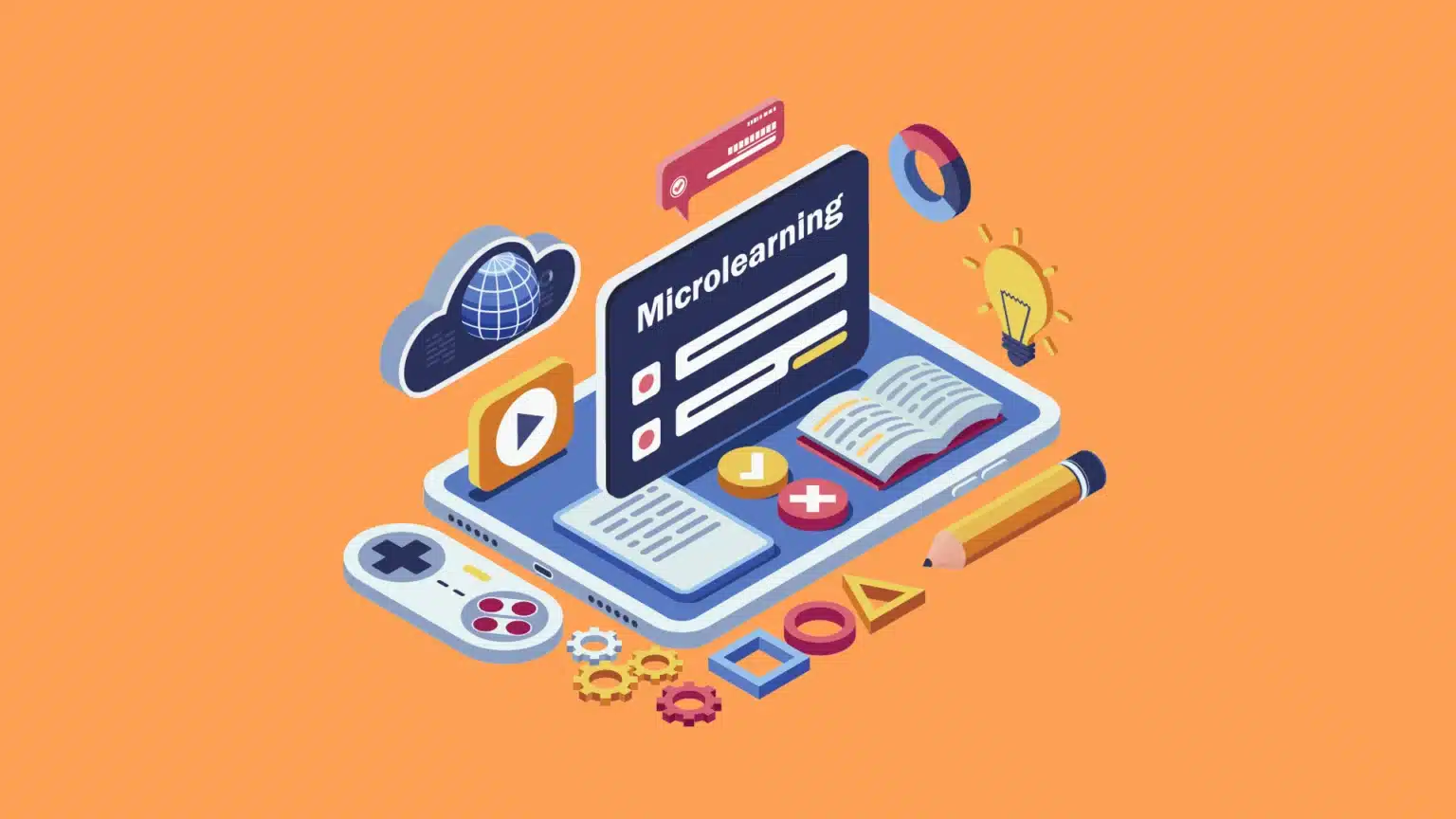 Ilustração isométrica com tablet exibindo o termo ‘Microlearning’, cercado por ícones de vídeo, livro e lâmpada, representando o treinamento de equipes com pílulas curtas de conteúdo.