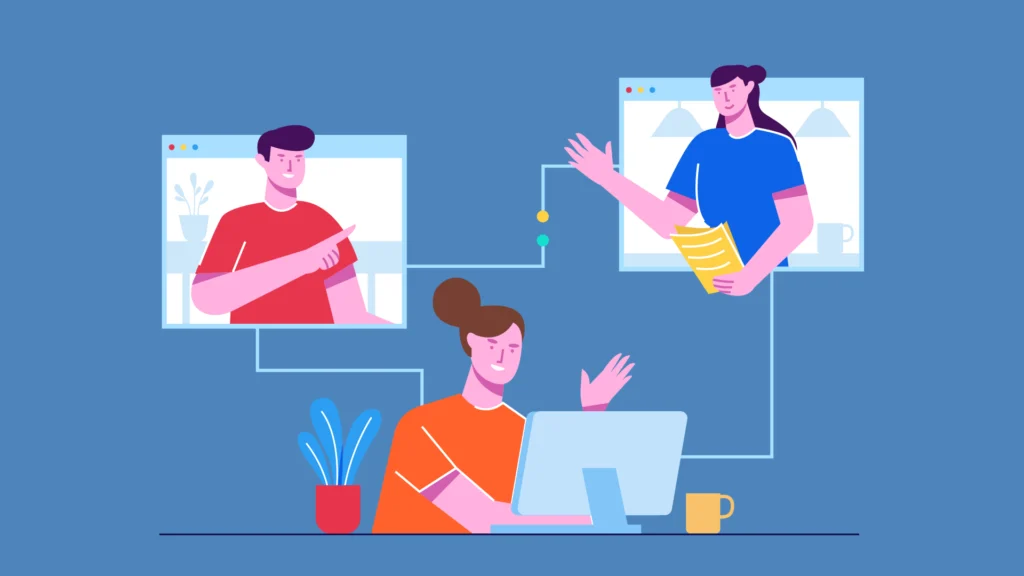 Ilustração de três profissionais interagindo em um ambiente virtual de aprendizado, simbolizando o uso de e-learning no processo de onboarding de novos colaboradores.