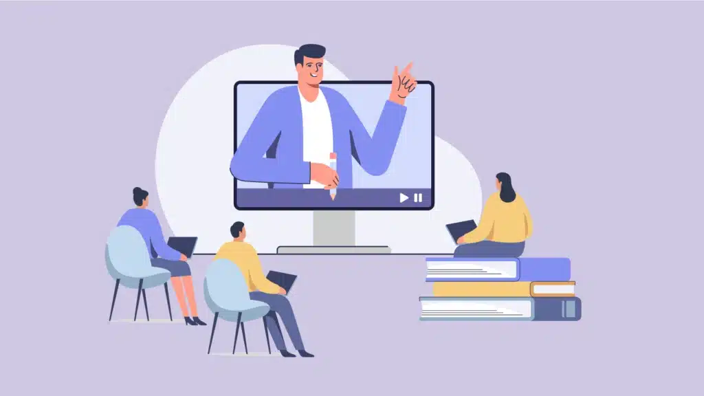Ilustração de profissionais participando de um treinamento online com instrutor em vídeo, representando o onboarding digital e o aprendizado corporativo.