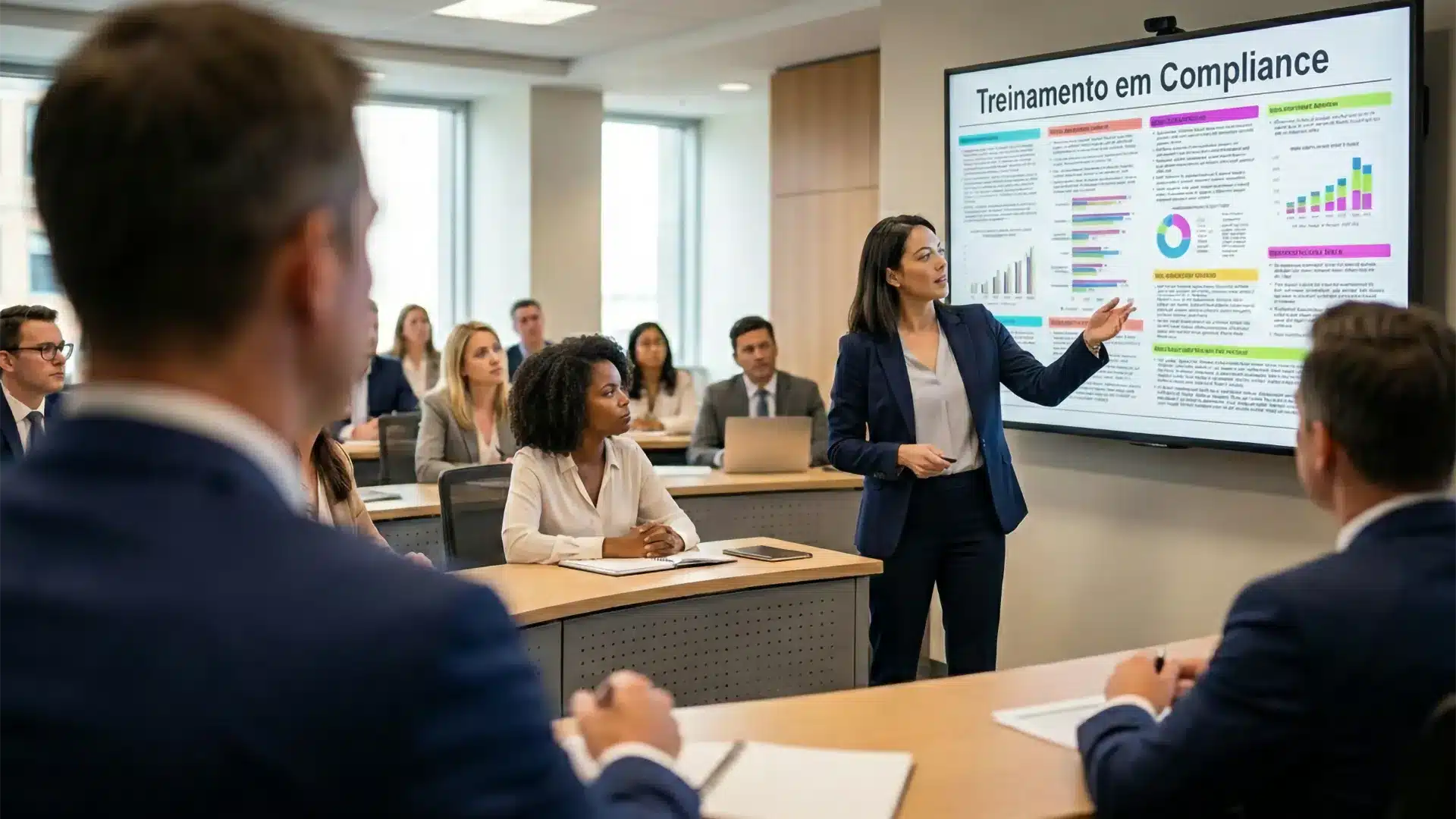 Mulher de terno apresenta um “Treinamento em Compliance” para um grupo de profissionais em uma sala de reunião, apontando para uma tela grande com gráficos, indicadores e blocos de texto confusos.