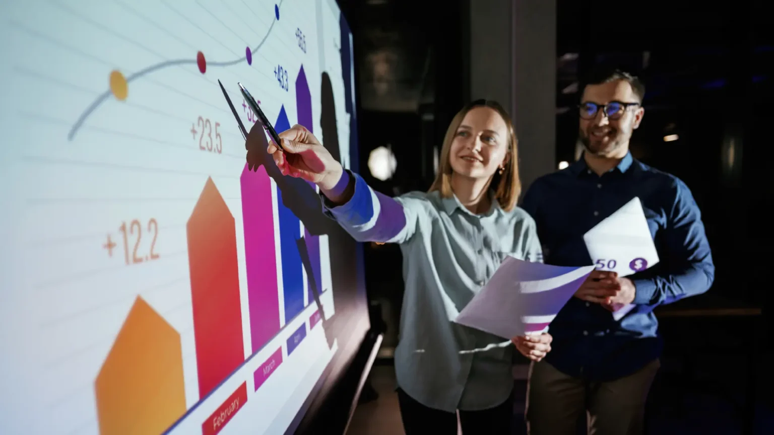 Profissionais analisando gráficos projetados em tela, ilustrando como relatórios e dados podem se transformar em uma apresentação estratégica.