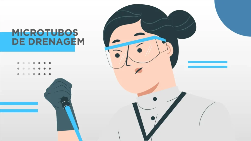 Ilustração de profissional de laboratório segurando uma pipeta ao lado do lettering ‘microtubos de drenagem’, representando um frame de vídeo explicativo corporativo.