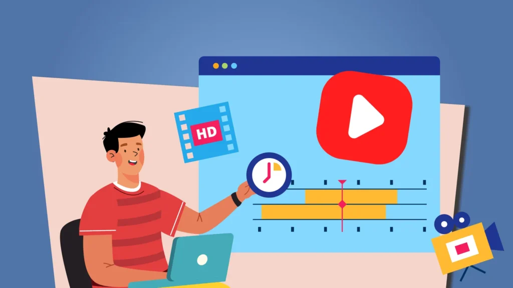 Ilustração de profissional criando um vídeo em seu notebook, com ícones de câmera e linha do tempo de edição, representando a produção de vídeos para treinamentos corporativos.