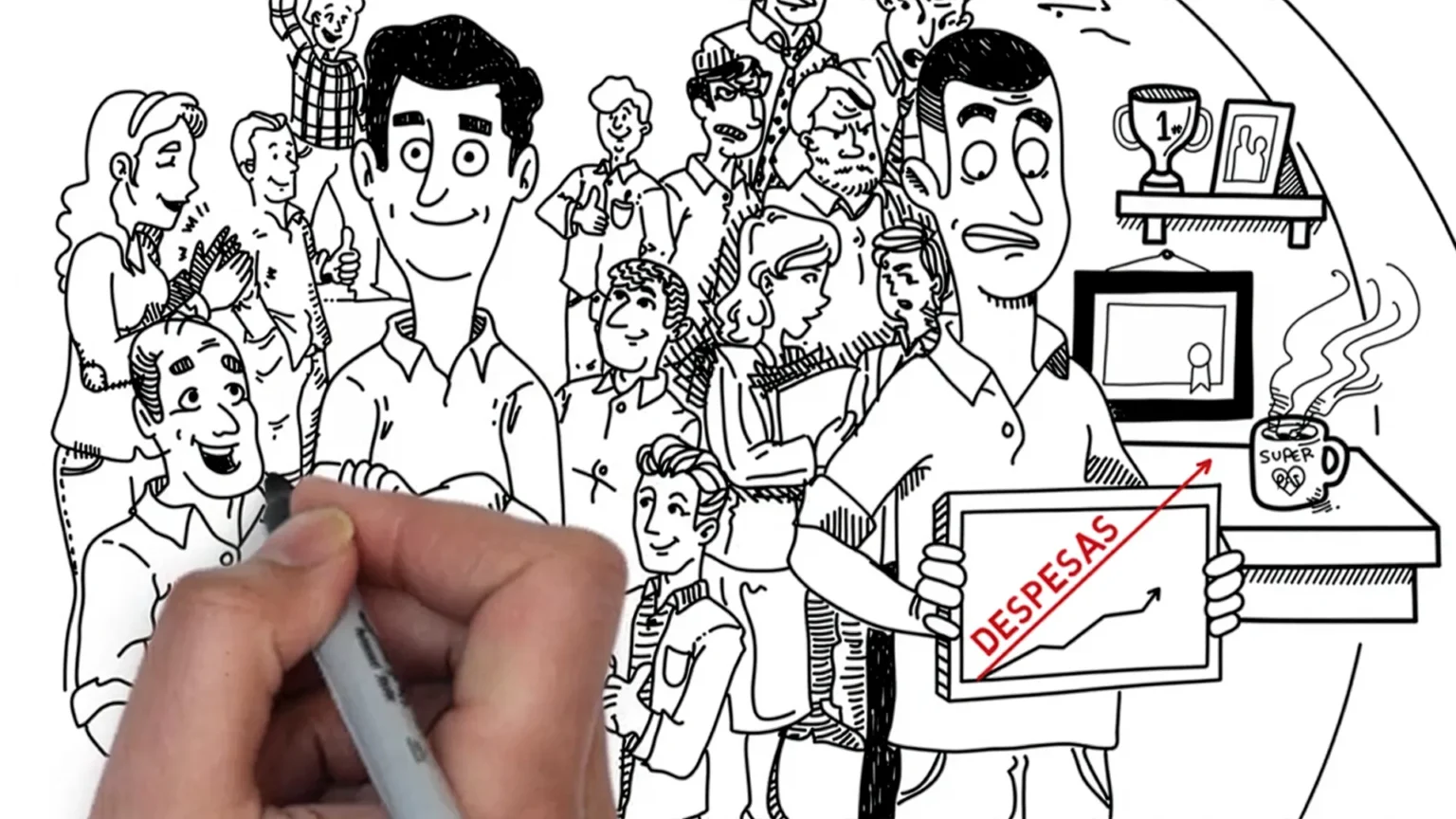 Mão masculina segurando uma caneta-marcador enquanto desenha cartoons em preto e branco.
