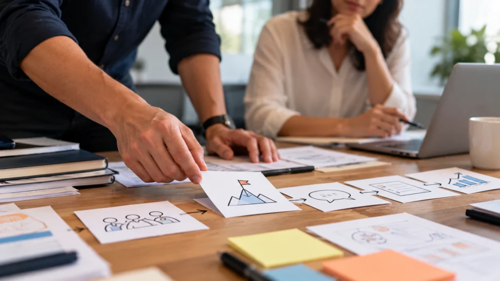 Profissionais organizam cartões ilustrados sobre uma mesa, estruturando a sequência narrativa de uma apresentação corporativa.