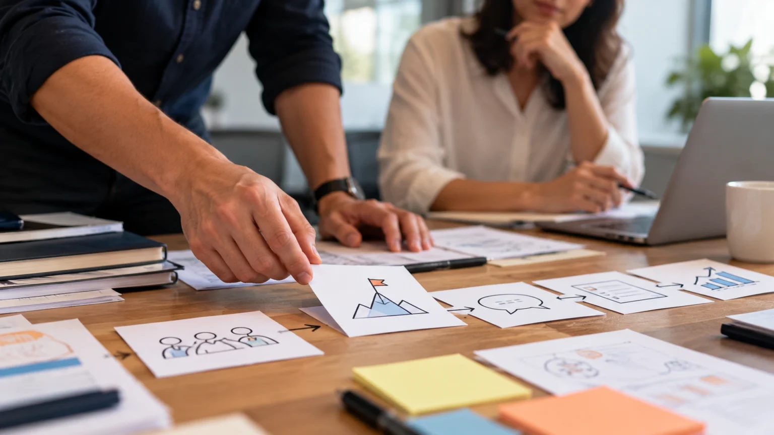 Profissionais organizam cartões ilustrados sobre uma mesa, estruturando a sequência narrativa de uma apresentação corporativa.