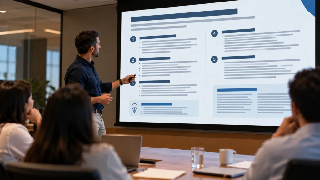 Apresentador projeta um slide sobrecarregado de tópicos e blocos de texto durante uma reunião corporativa.