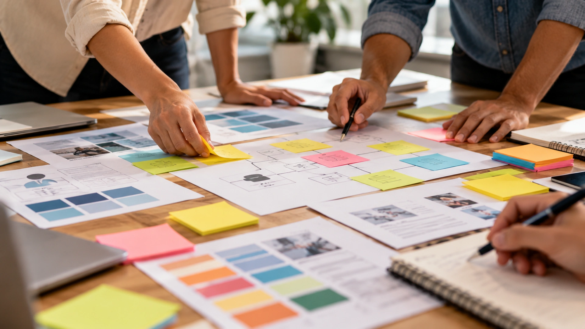 Mãos organizam notas adesivas coloridas e diagramas sobre uma mesa, representando o planejamento de conteúdos e atividades de aprendizagem.