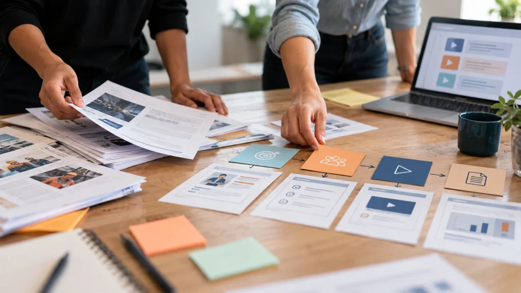 Profissionais reorganizam documentos e materiais corporativos em uma sequência de atividades e recursos digitais de aprendizagem.