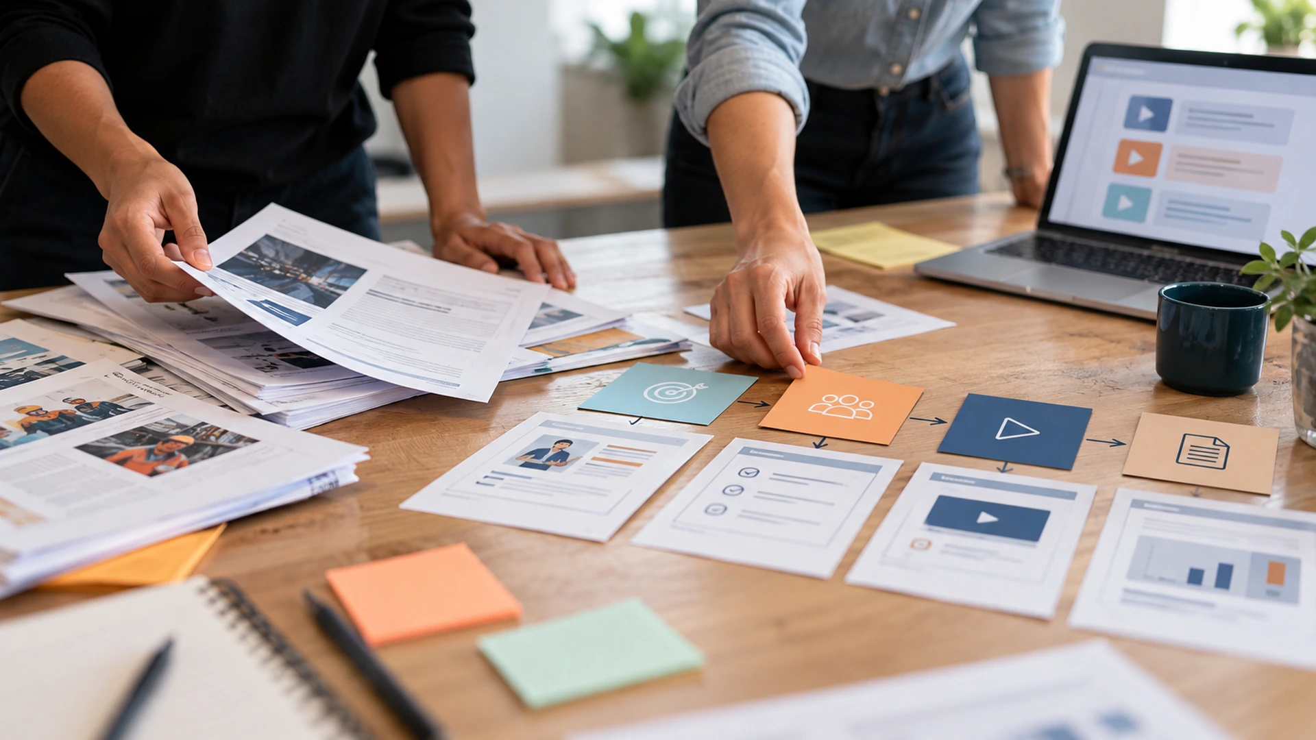 Profissionais reorganizam documentos e materiais corporativos em uma sequência de atividades e recursos digitais de aprendizagem.
