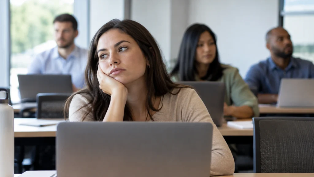 Profissional apoia o rosto na mão e olha para o lado com expressão de desinteresse durante um treinamento corporativo com outros participantes.
